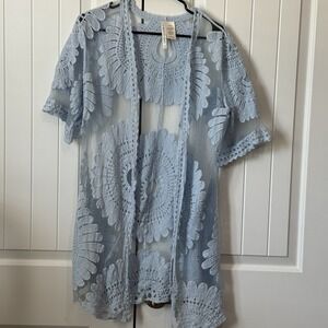 Forgotten Grace Blue Cardigan 2X Crochet Lace Bohemian Duster Jacket Sheer‎